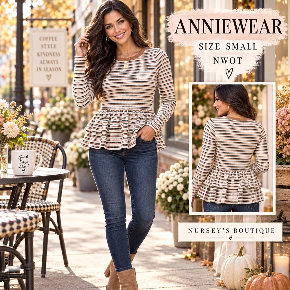 AnnieWear Striped Ribbed Double Peplum Long Sleeve Top Cream Brown S NWOT